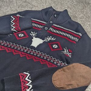 Chaps Sweater Mens Medium Christmas Reindeer Elbow Patches Knit Fair Isle Nordic